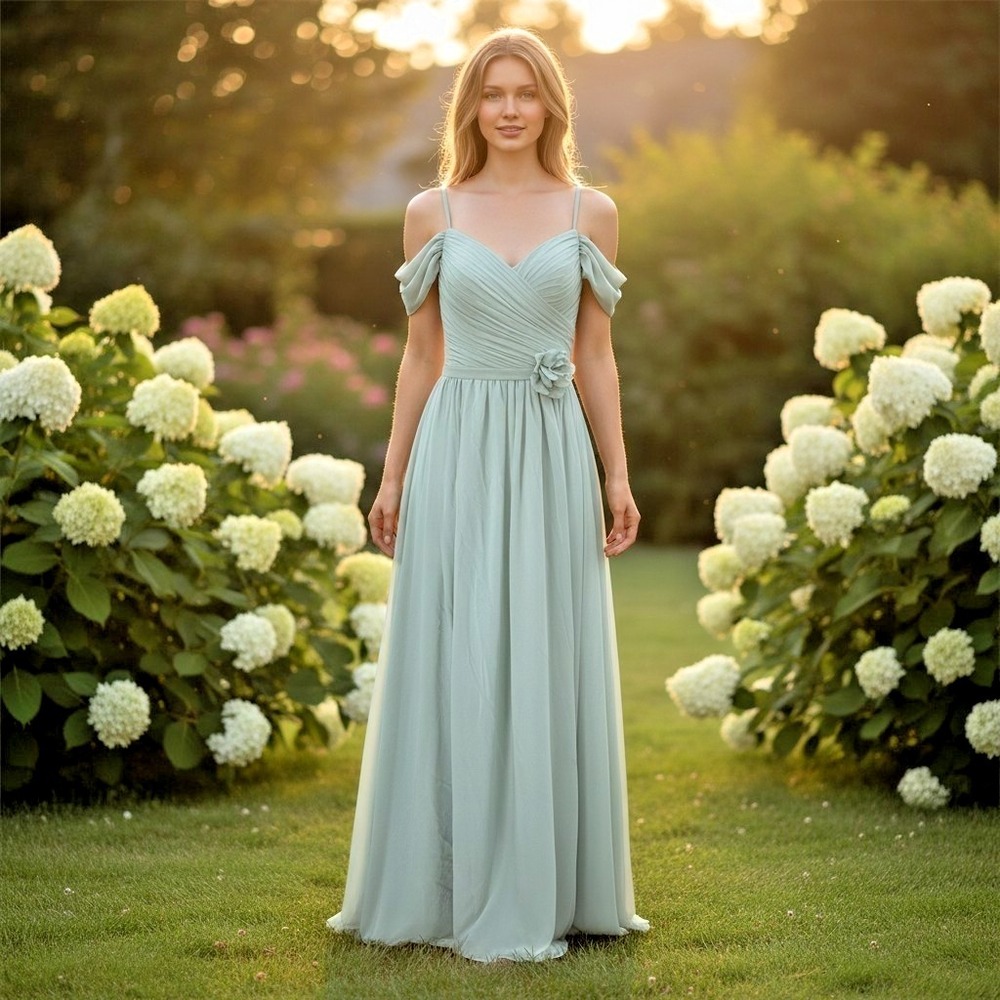 Green Chiffon Maxi Dress S Corset Off Shoulder Flower Accent Lined Special Event - Picture 1 of 8